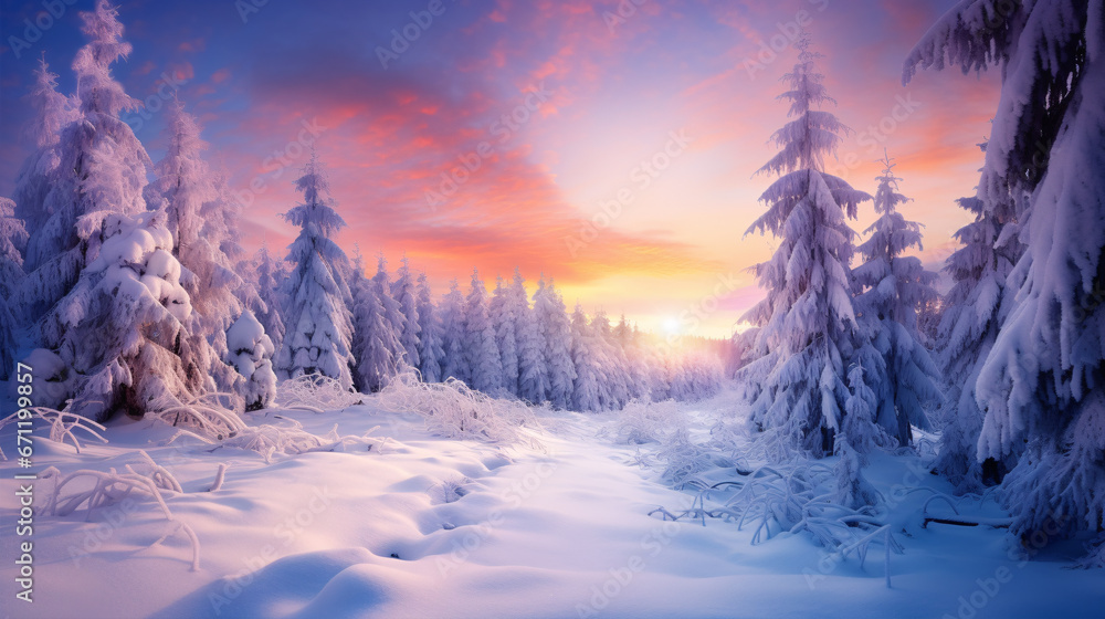 A Christmas-tinged forest aglow with radiant morning hues. A Christmas-tinged forest aglow with radiant morning hues.