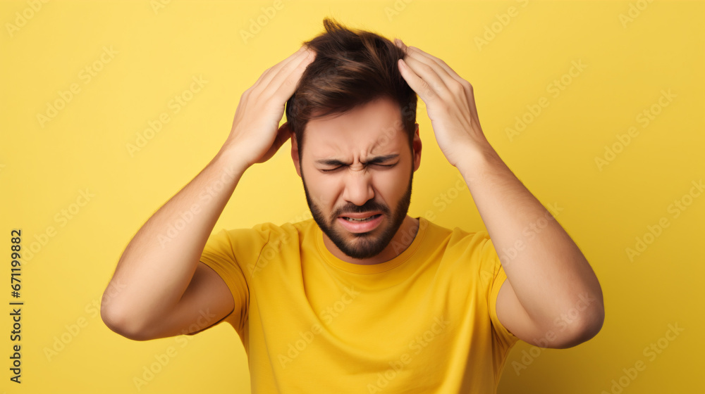 A gorgeous, casually-attired man, in agony from a migraine and in exasperation, with hands on head, stands on an isolated, hued backdrop. A gorgeous, casually-attired man, in agony from a migraine and in exasperation, with hands on head, stands on an isolated, hued backdrop.