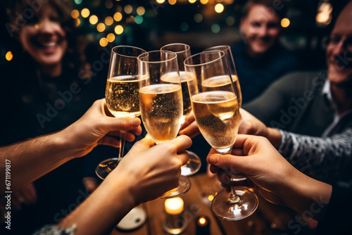 Happy friends having fun and toasting sparkling wine glasses close-up against golden bokeh lights background фототапет