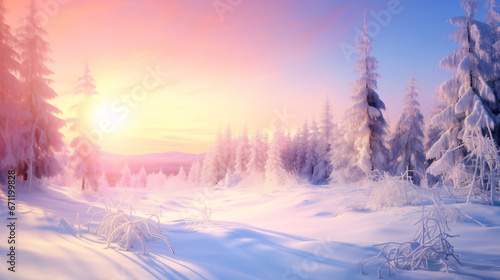 Snowy paradise glistens beneath a vibrant dawn. © ckybe