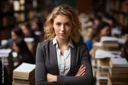 A confident young woman stands in a library, arms crossed. Behind her, rows of bookshelves and students studying at tables are visible, emphasizing an academic setting.