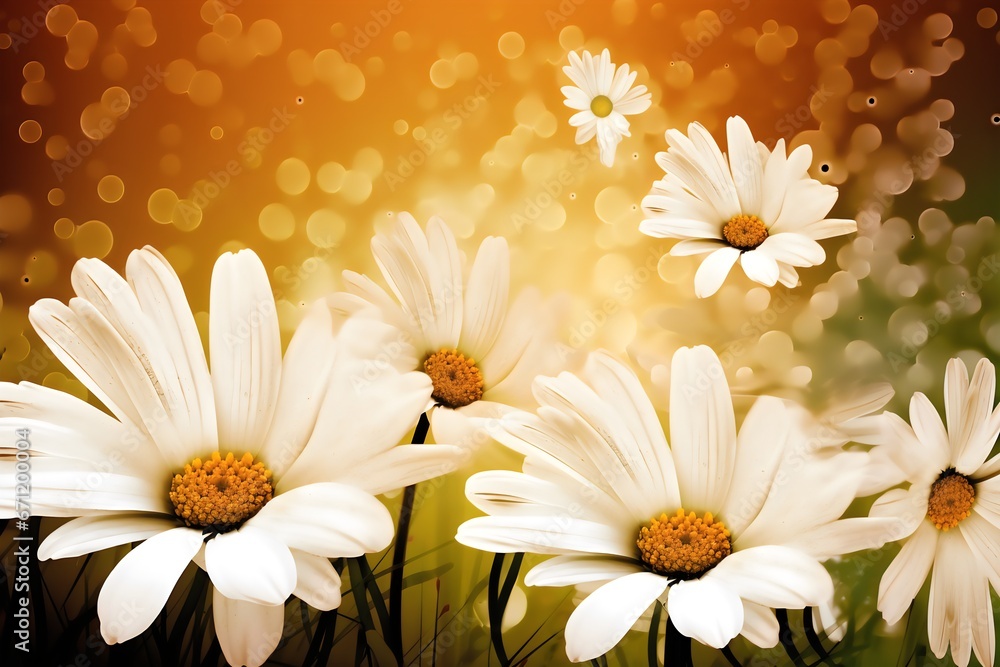 White daisies on bokeh background. Spring nature. Generative AI.