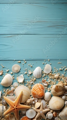 Seashell and Starfish on wooden table