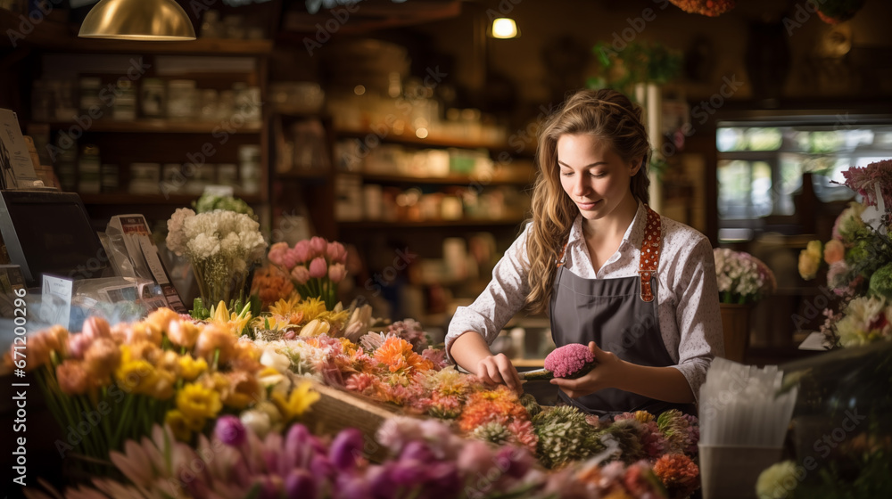 Portrait of a flower sales clerk in her store, surrounded by beautiful flowers