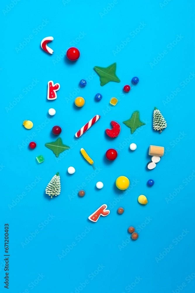 Christmas background made with various winter and New Year objects on blue background. Christmas concept.