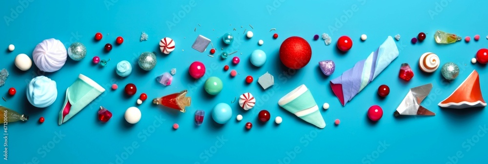 Christmas background made with various winter and New Year objects on blue background. Christmas concept. Banner