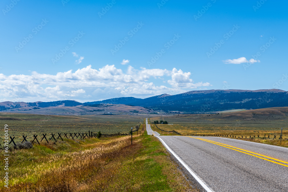 Landscape of US Route 12 as it Crossed the Smith River Valley with the Elkhorn Mountains in the Background near White Sulfer Springs, Montana, USA