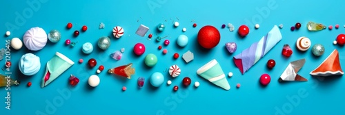 Christmas background made with various winter and New Year objects on blue background. Christmas concept. Banner