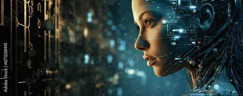Head of a feminine robot or android in front of blurred high tech digital elements