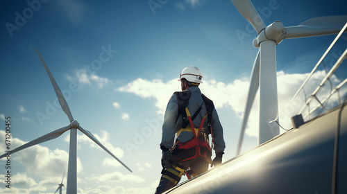 Closeup on a worker of an energy company standing high on a wind turbine to repair it  photo