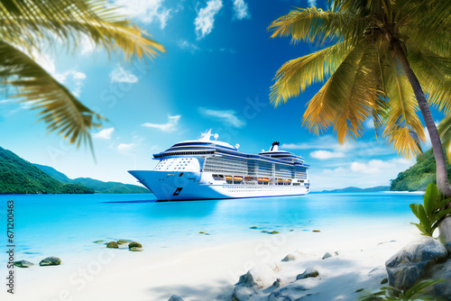 An elegant white cruise ship near a tropical beach with white sand and blue waters