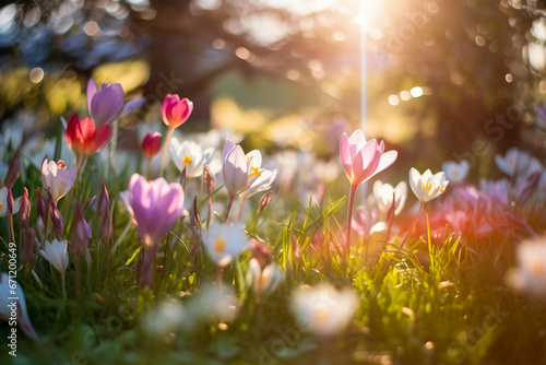 Flowers in a garden in spring under morning light