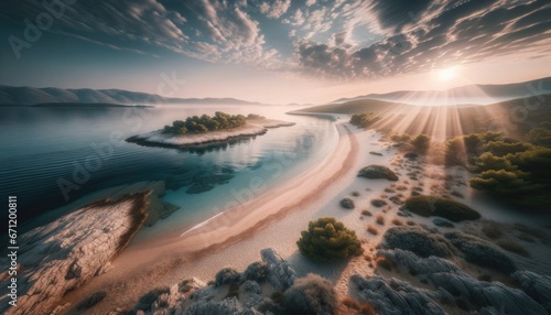 Wide-angle shot of Mediterranean sea sand beach at dawn peaceful landscape for travel and vacation trip