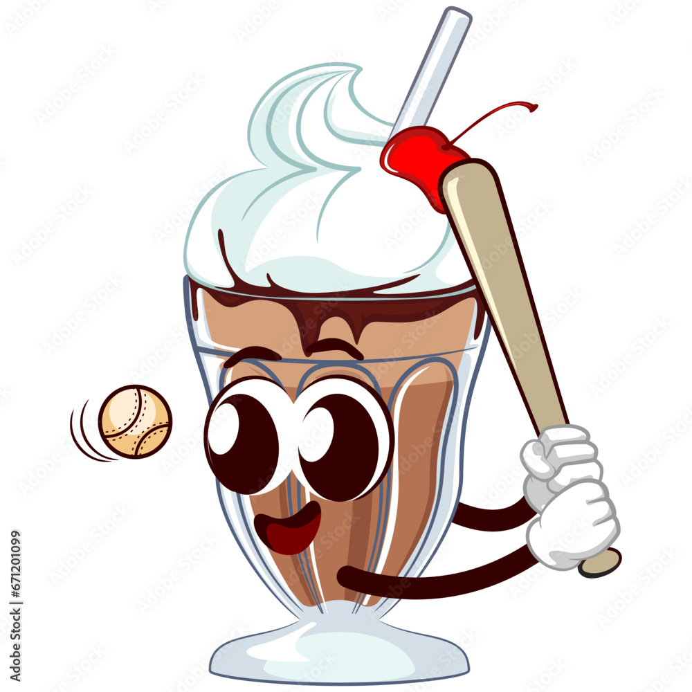 mascot character of a glass of milkshake with a funny face playing baseball as a hitter ready to