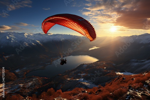 Free flight: paragliding over a mountain lake at dusk