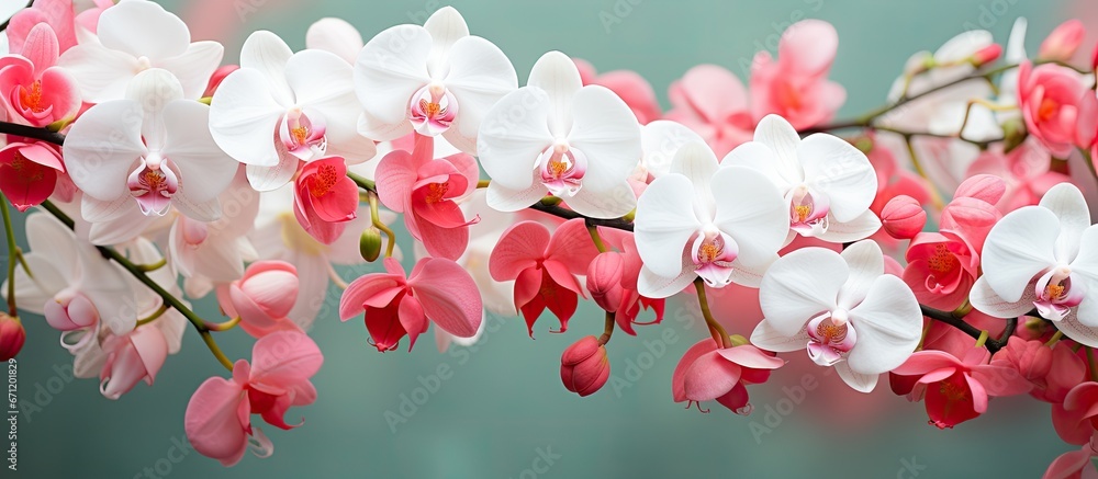 A beautiful arrangement of white and pink orchids stands out against a vibrant green backdrop The striking red lines in the middle make for an incredible and charming display of lovely natur