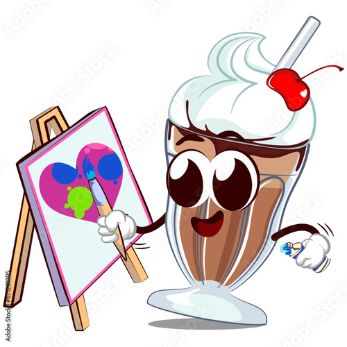 mascot character of a glass of milkshake with a funny face painting a heart on canvas with a brush and tube of paint, isolated cartoon vector illustration. emoticon, cute milkshake glass mascot