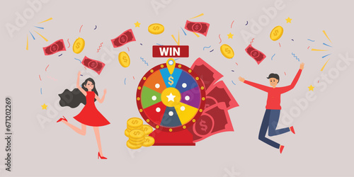 Lottery winner people male and female characters spinning wheel and getting prize man and woman winning jackpot risking and getting money players successfully rotating machine vector , win contest