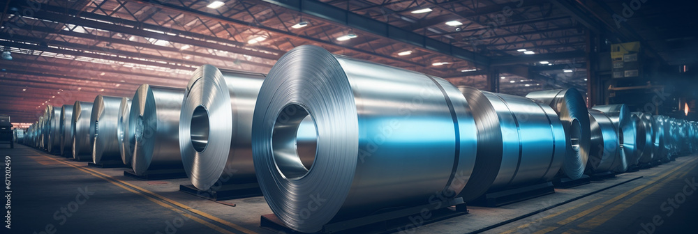 Roll of Steel Sheet in Factory Warehouse. Strip Galvanised Steel Coil or Cold Rolled Strip, a Steel Product Produced from a Hot Rolled Strip. Steel Mill. Generative AI. - obrazy, fototapety, plakaty 