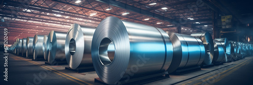 Roll of Steel Sheet in Factory Warehouse. Strip Galvanised Steel Coil or Cold Rolled Strip, a Steel Product Produced from a Hot Rolled Strip. Steel Mill. Generative AI. photo