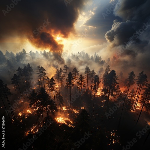 drone view of a large forest fire