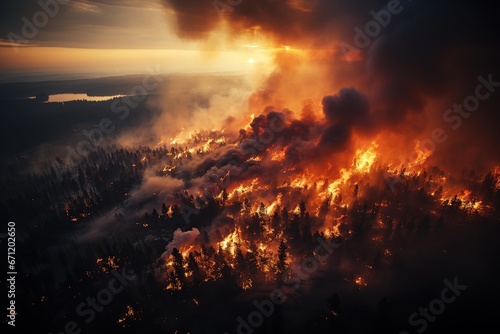 drone view of a large forest fire