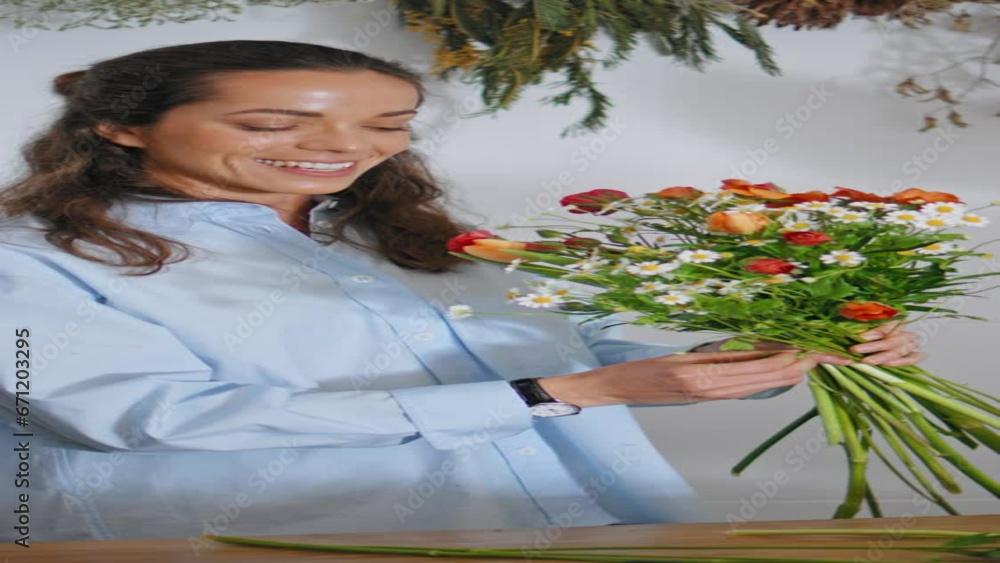 Excited florist make bouquet composition in plant shop vertically oriented. Excited florist make bouquet composition in plant shop vertically oriented.