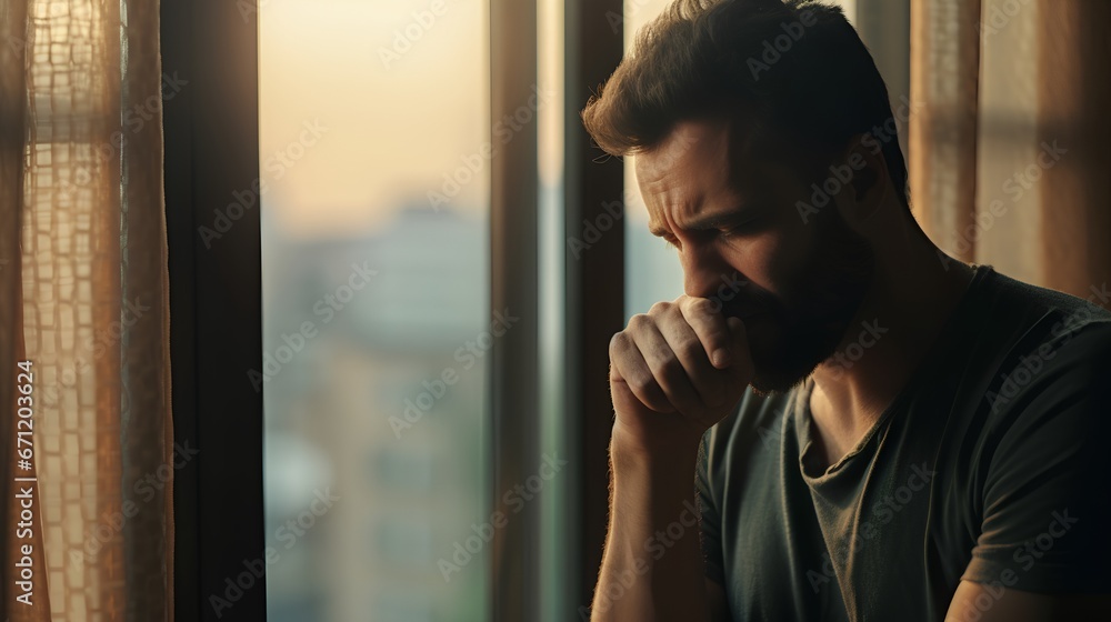 Fototapeta premium Man breakdown and life after loss. Frustration, ptsd, and depression after breakup or divorce. Psychological issues with mental conditions. Male with sad emotions and sorrow feelings in hard times.