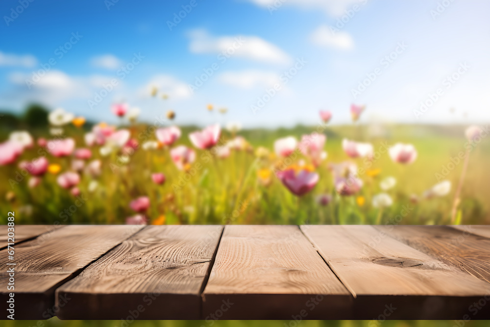 Empty wooden table light brown wood texture Blurred background, natural view Flower garden and blurred mountains Empty wooden table light brown wood texture Blurred background, natural view Flower garden and blurred mountains