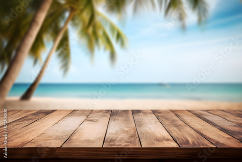 Empty wooden table light brown wood texture Blurred background, sea view and beach