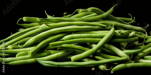 Green beans on a black background, close-up, selective focus. Generative AI.