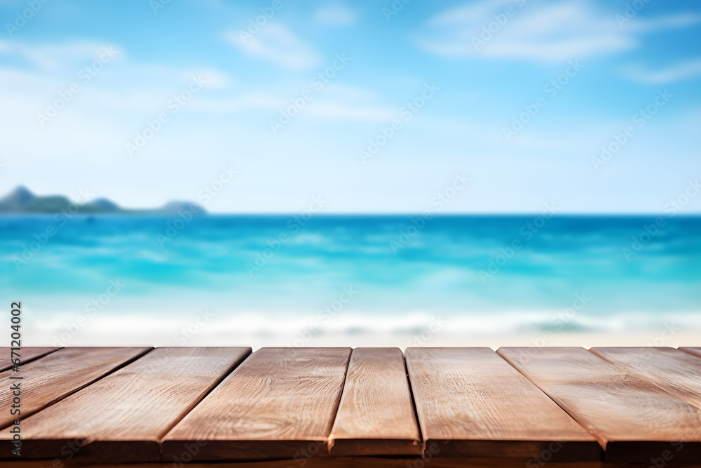 Empty wooden table light brown wood texture Blurred background, sea view and beach Empty wooden table light brown wood texture Blurred background, sea view and beach