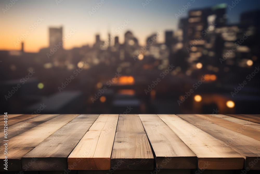 Empty wooden table light brown wood texture Blurred background, night city, bokeh, surreal lights Empty wooden table light brown wood texture Blurred background, night city, bokeh, surreal lights