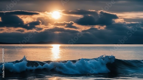 sunrise over the sea _ A blue water sea waves illustration, showing the reflection and the distortion of the water. 