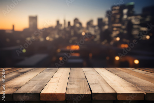 Empty wooden table light brown wood texture Blurred background  night city  bokeh  surreal lights