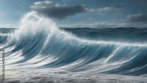 stormy sea wave _A tsunami illustration, showing the power and the destruction of water. The wave is huge and blue, 