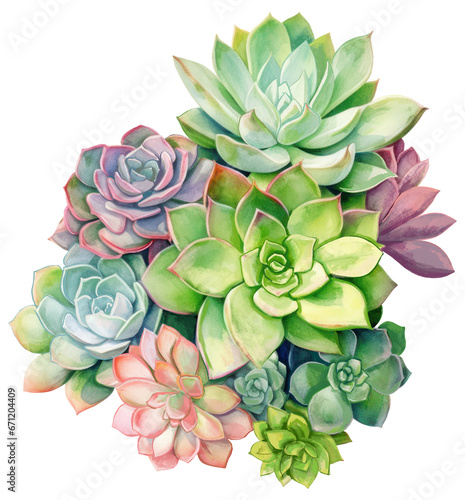Green and colored succulents on a white background. Tropical plants. Watercolor botany. 