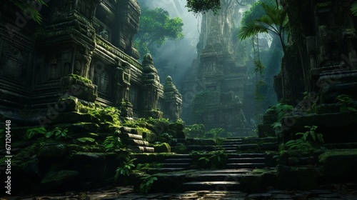 enigmatic  lost city in the heart of a dense rainforest  its ancient temples hidden beneath centuries of foliage  as if captured by an HD camera.