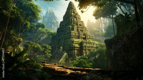 enigmatic, lost city in the heart of a dense rainforest, its ancient temples hidden beneath centuries of foliage, as if captured by an HD camera.