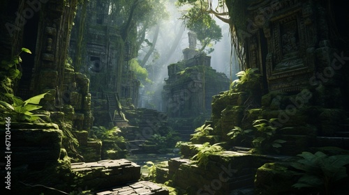 enigmatic, lost city in the heart of a dense rainforest, its ancient temples hidden beneath centuries of foliage, as if captured by an HD camera. © RANA