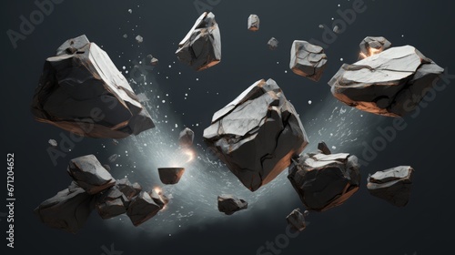 Rock stone white background fall black falling space isolated splash dust mountain cliff flying. Earth stone boulder texture rock abstract broken powder white dirt blast float burst fantasy surface. photo