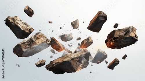 Rock stone white background fall black falling space isolated splash dust mountain cliff flying. Earth stone boulder texture rock abstract broken powder white dirt blast float burst fantasy surface.