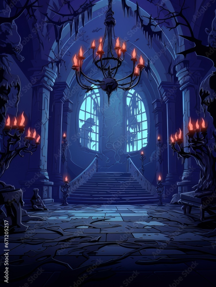 Cartoon creepy room in haunted castle. AI Cartoon creepy room in haunted castle. AI
