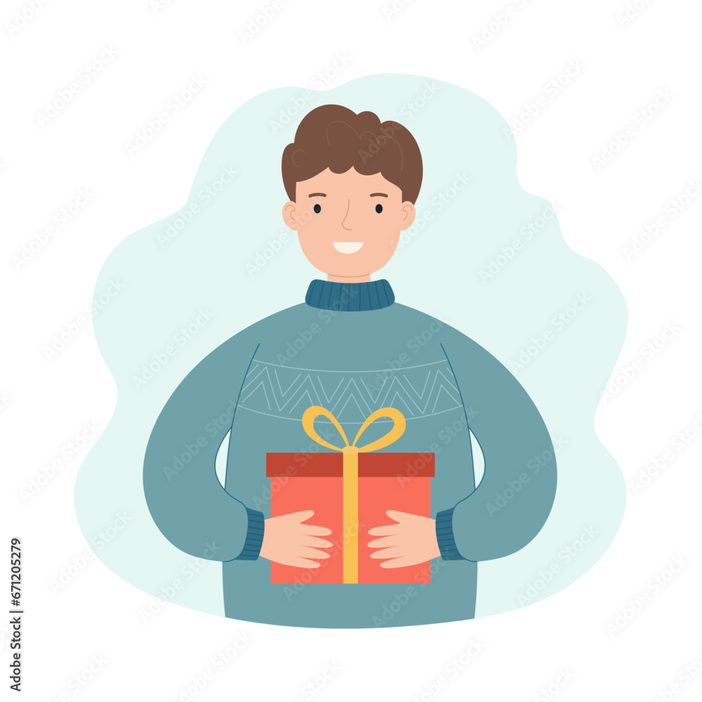 A man holds a Christmas present. Concept for winter holidays. A man holds a Christmas present. Concept for winter holidays.