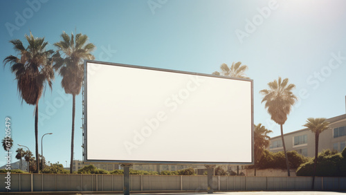 a photo real image of a vertical billboard in a sunny location with some palm trees