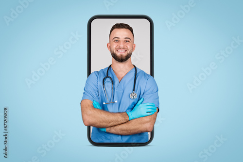 Billede på lærred Young caucasian male doctor with folded arms on phone screen