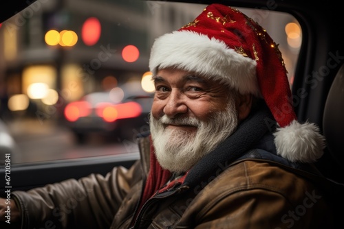 Taxi driver in holiday attire cruising the city in decorated cab  photo
