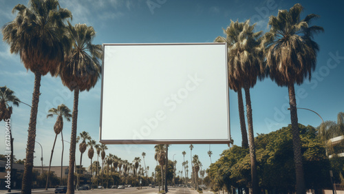 a photo real image of a vertical billboard in a sunny location with some palm trees