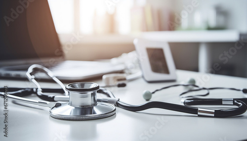 Doctor desk with stethoscope, laptop, and diagnostic medical tools generated by AI