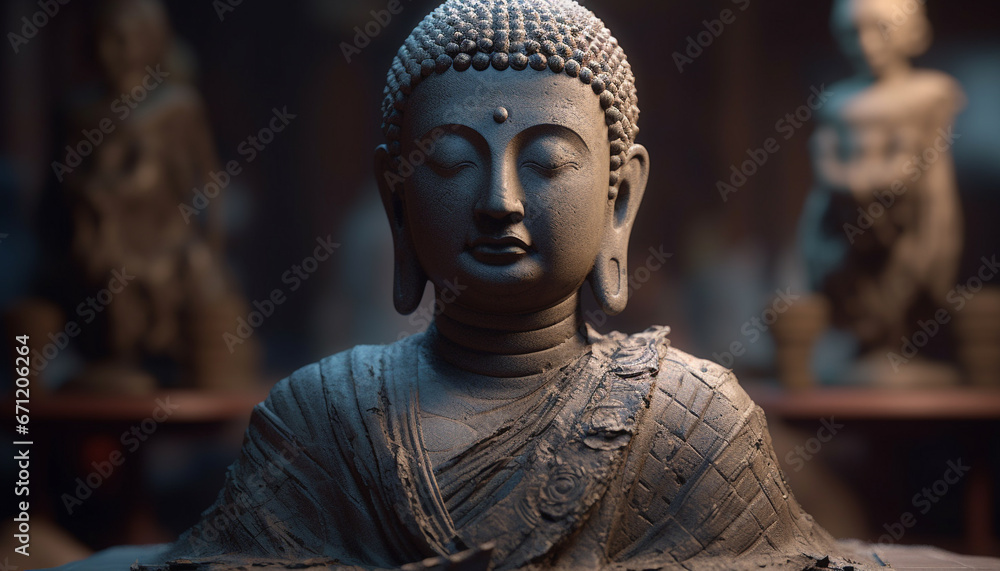 Meditating monk statue, ancient Chinese culture, spirituality, tranquil scene generated by AI